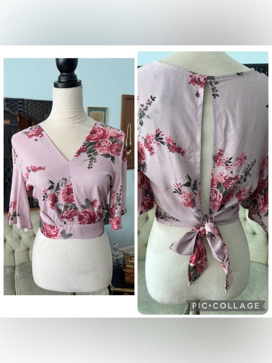 Polly & Esther Tops - 🌸 Nwot Polly and Esther Rose Floral Wrap CropTop Tie Waist Bell Sleeve Blouse L
